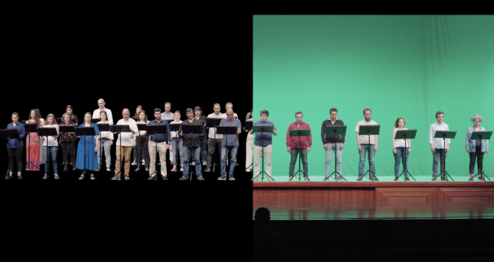 Virtual Choir (left) rendered on 3-D Mesh Hologram Screen